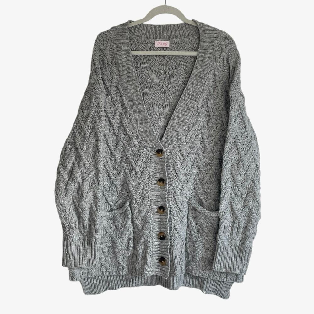 Pink Lily Grey Button Down Metallic Cable Knit Cardigan Sweater